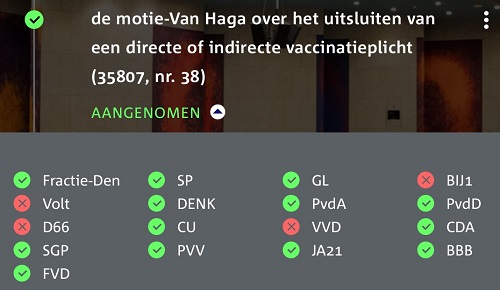 uitslag stemmen motie verplichte vaccinatie uitgesloten