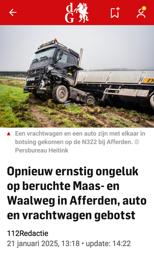 artikel brabants dagblad ongeval maas en waalweg januari 2025